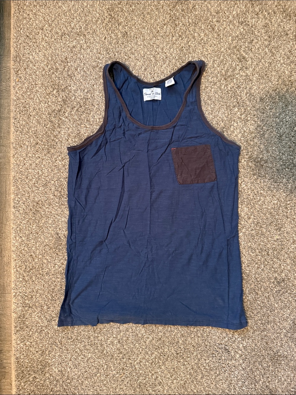 Thread & Supply Navy Blue Tank Top with Brown Pocket Trim